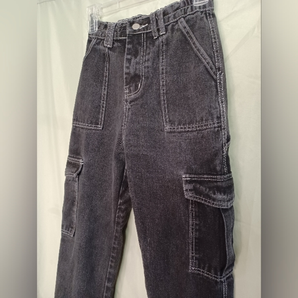 Black Cargo Jeans High Waist Wide Straight Leg Trousers - Picture 3 of 11